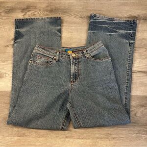 Y2K Kaycie faded flare denim jeans low rise red stitching and folded pockets